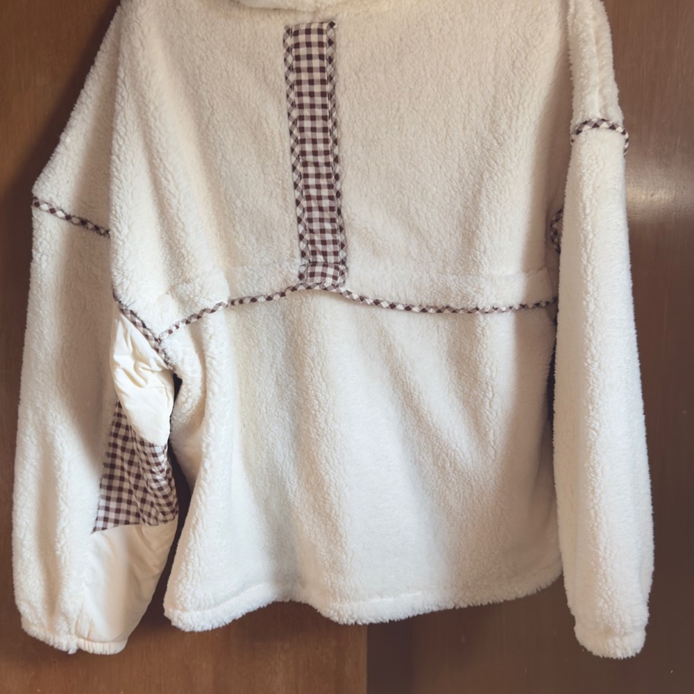 JoyLab Cream Sherpa Zip Hoodie with Gingham Trim - Picture 4 of 6